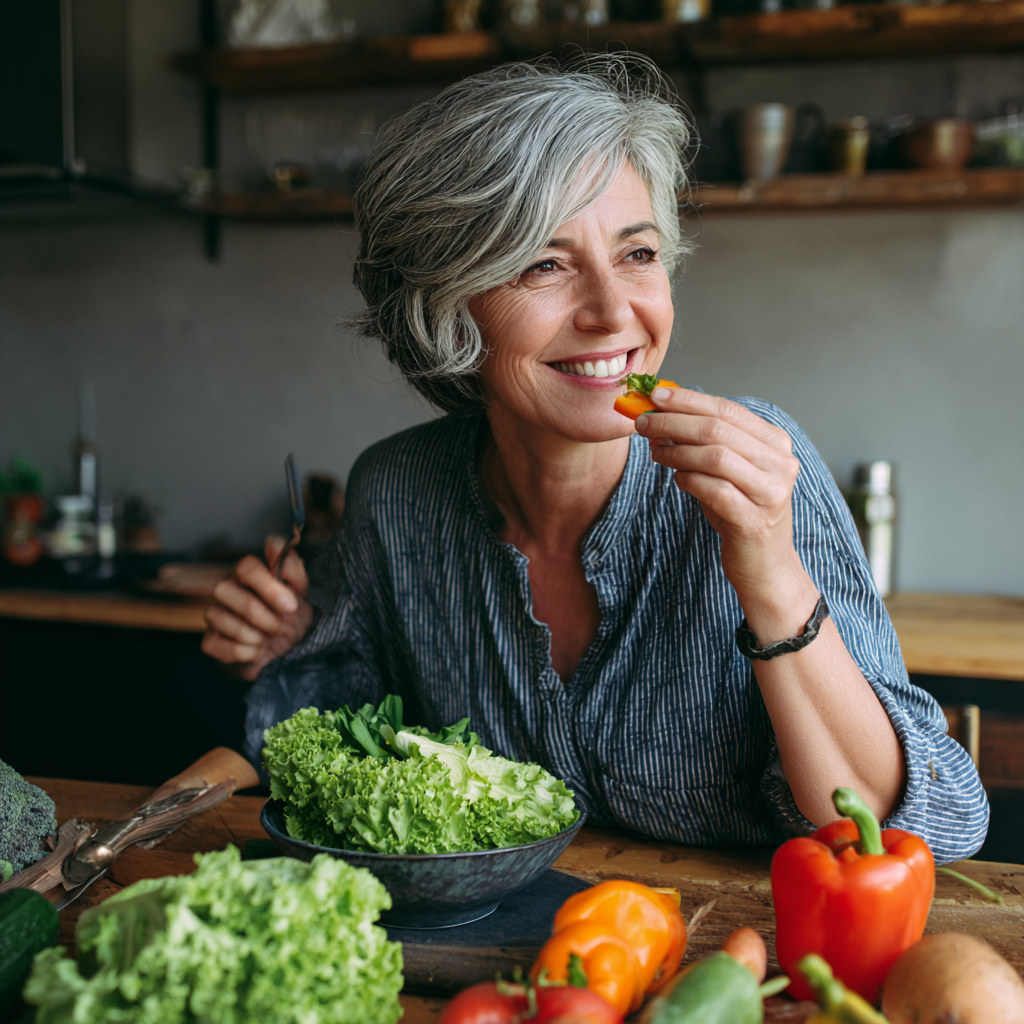 Middle-aged person enjoying a balanced meal with fresh vegetables, demonstrating natural nutrition for skin health improvement