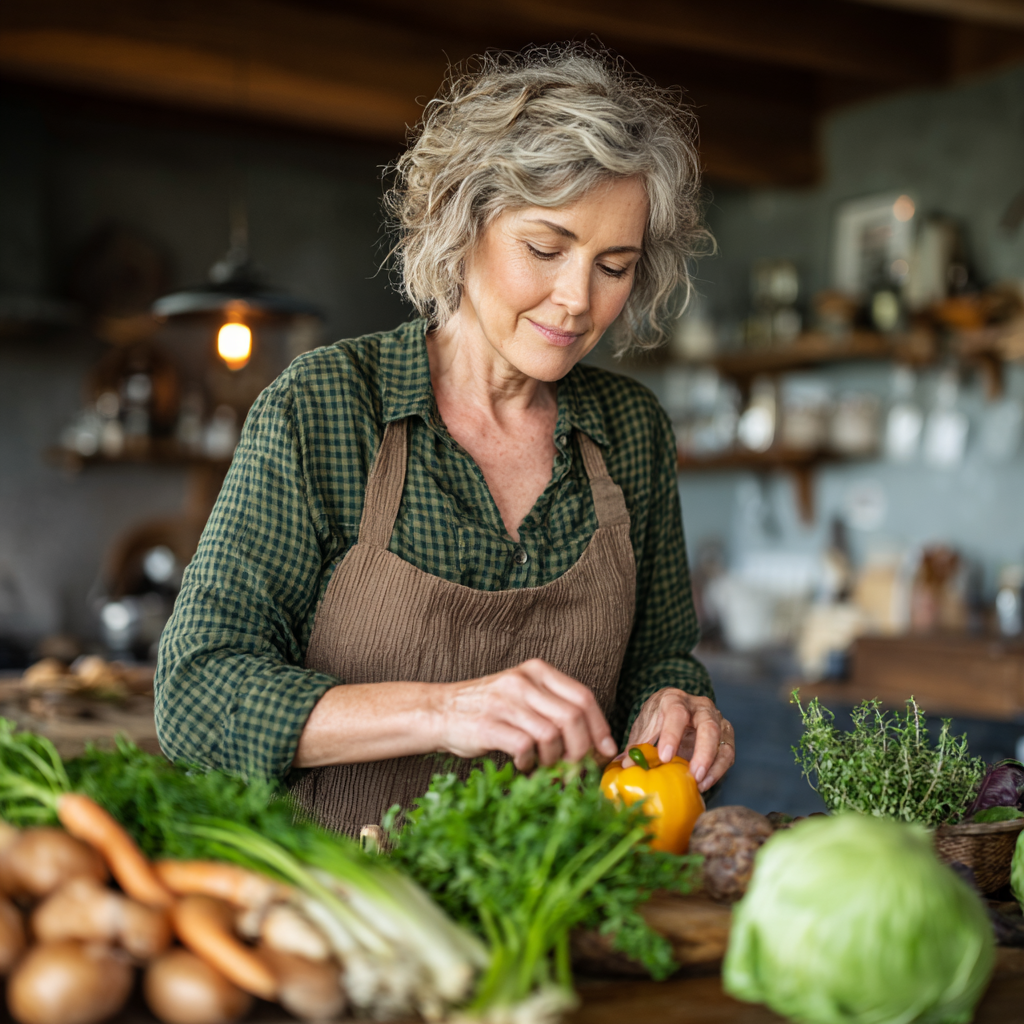 Middle-aged woman examining fresh vegetables and herbs in her kitchen, focusing on natural nutrition for healthy skin