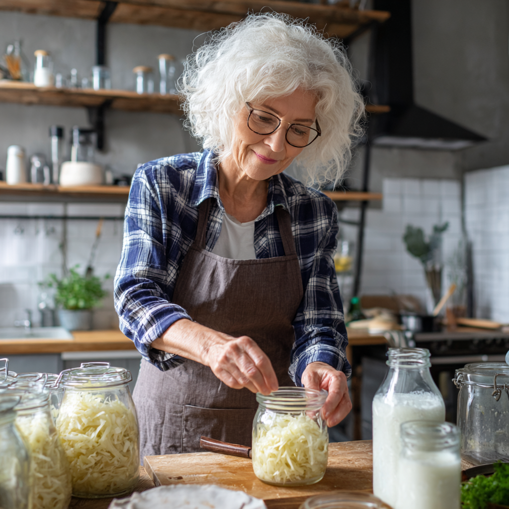 Older adult preparing probiotic-rich fermented foods like sauerkraut and natural yogurt in a bright kitchen